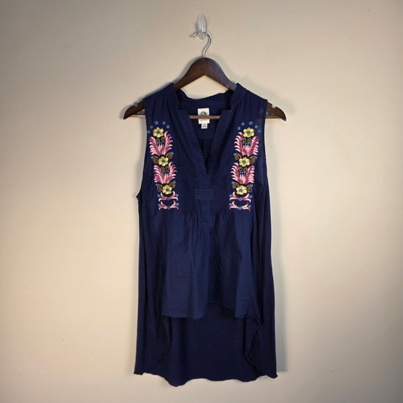 Tiny Tops - TINY Anthropologie Embroidered High Low Top Womens Size M Navy Blue Boho Pintuck